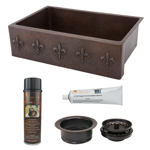 Premier Copper Products 33" Hammered Copper Kitchen Apron Single Basin Farmhouse Sink w/ Fleur De Lis with Matching Drain and Accessories, Oil Rubbed Bronze, KSP3_KASDB33229F