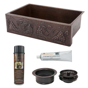 Alternate Image for Premier Copper Products 33" Hammered Copper Kitchen Apron Single Basin Farmhouse Sink w/ Vineyard Design with Matching Drain and Accessories, Oil Rubbed Bronze, KSP3_KASDB33229G