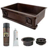 Premier Copper Products 33" Hammered Copper Kitchen Apron Single Basin Farmhouse Sink w/ Rings with Matching Drain and Accessories, Oil Rubbed Bronze, KSP3_KASDB33229R