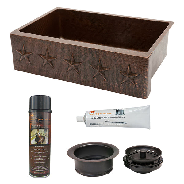 Premier Copper Products 33" Hammered Copper Kitchen Apron Single Basin Farmhouse Sink w/ Star Design with Matching Drain and Accessories, Oil Rubbed Bronze, KSP3_KASDB33229ST