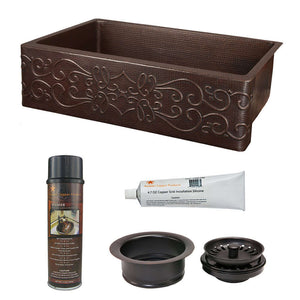 Alternate Image for Premier Copper Products 33" Hammered Copper Kitchen Apron Single Basin Farmhouse Sink w/ Scroll Design with Matching Drain and Accessories, Oil Rubbed Bronze, KSP3_KASDB33229S