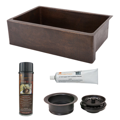 Premier Copper Products 33" Hammered Copper Kitchen Apron Single Basin Farmhouse Sink with Matching Drain, and Accessories, Oil Rubbed Bronze, KSP3_KASDB33229