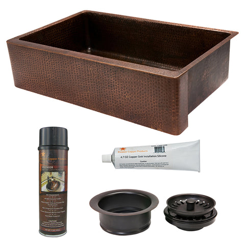 Premier Copper Products 35" Hammered Copper Kitchen Apron Single Basin Farmhouse Sink with Matching Drain and Accessories, Oil Rubbed Bronze, KSP3_KASDB35229