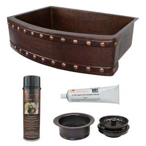 Alternate Image for Premier Copper Products 30" Hammered Copper Kitchen Rounded Apron Single Basin Farmhouse Sink with Barrel Strap Design with Matching Drains, and Accessories, Oil Rubbed Bronze, KSP3_KASRDB30249BS