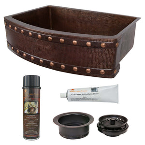 Alternate Image for Premier Copper Products 33" Hammered Copper Kitchen Rounded Apron Single Basin Farmhouse Sink with Barrel Strap Design w/ Matching Drain and Accessories, Oil Rubbed Bronze, KSP3_KASRDB33249BS