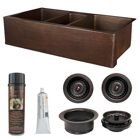 Premier Copper Products 42" Hammered Copper Kitchen Apron Triple Basin Farmhouse Sink w/ Matching Drains and Accessories, Oil Rubbed Bronze, KSP3_KATDB422210