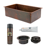 Premier Copper Products 30" Hammered Copper Kitchen Single Basin Sink with Matching Drain and Accessories, Oil Rubbed Bronze, KSP3_KSDB30199