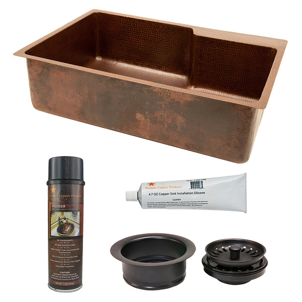 Premier Copper Products 33" Hammered Copper Kitchen Single Basin Sink with Matching Drain and Accessories, Oil Rubbed Bronze, KSP3_KSFDB33229