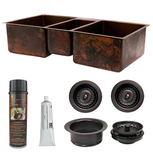Alternate Image for Premier Copper Products 42" Hammered Copper Kitchen Triple Basin Sink with Matching Drains, and Accessories, Oil Rubbed Bronze, KSP3_KTDB422210