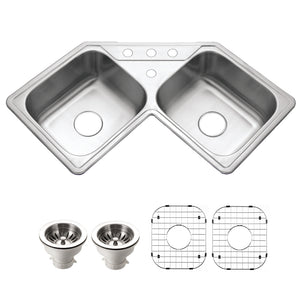 Alternate Image for Houzer Legend 32" Stainless Steel Topmount 4-hole 50/50 Double Bowl Corner Kitchen Sink with Strainer & Grid - 20 Gauge, LCR-3221-C