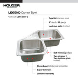 Houzer Legend 32" Stainless Steel Topmount 4-hole 50/50 Double Bowl Corner Kitchen Sink with Strainer & Grid - 20 Gauge, LCR-3221-C