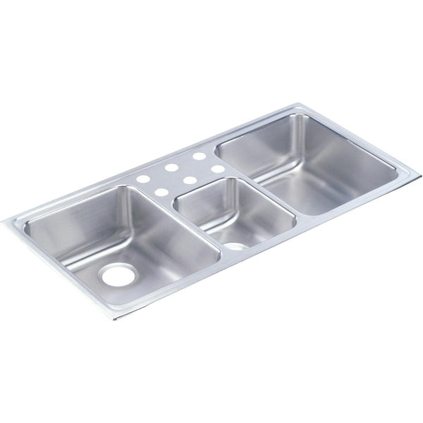 Elkay Lustertone Classic 43" Drop In/Topmount Stainless Steel Kitchen Sink, 40/20/40 Triple Bowl, Lustrous Satin, 6 Faucet Holes, LCR43226