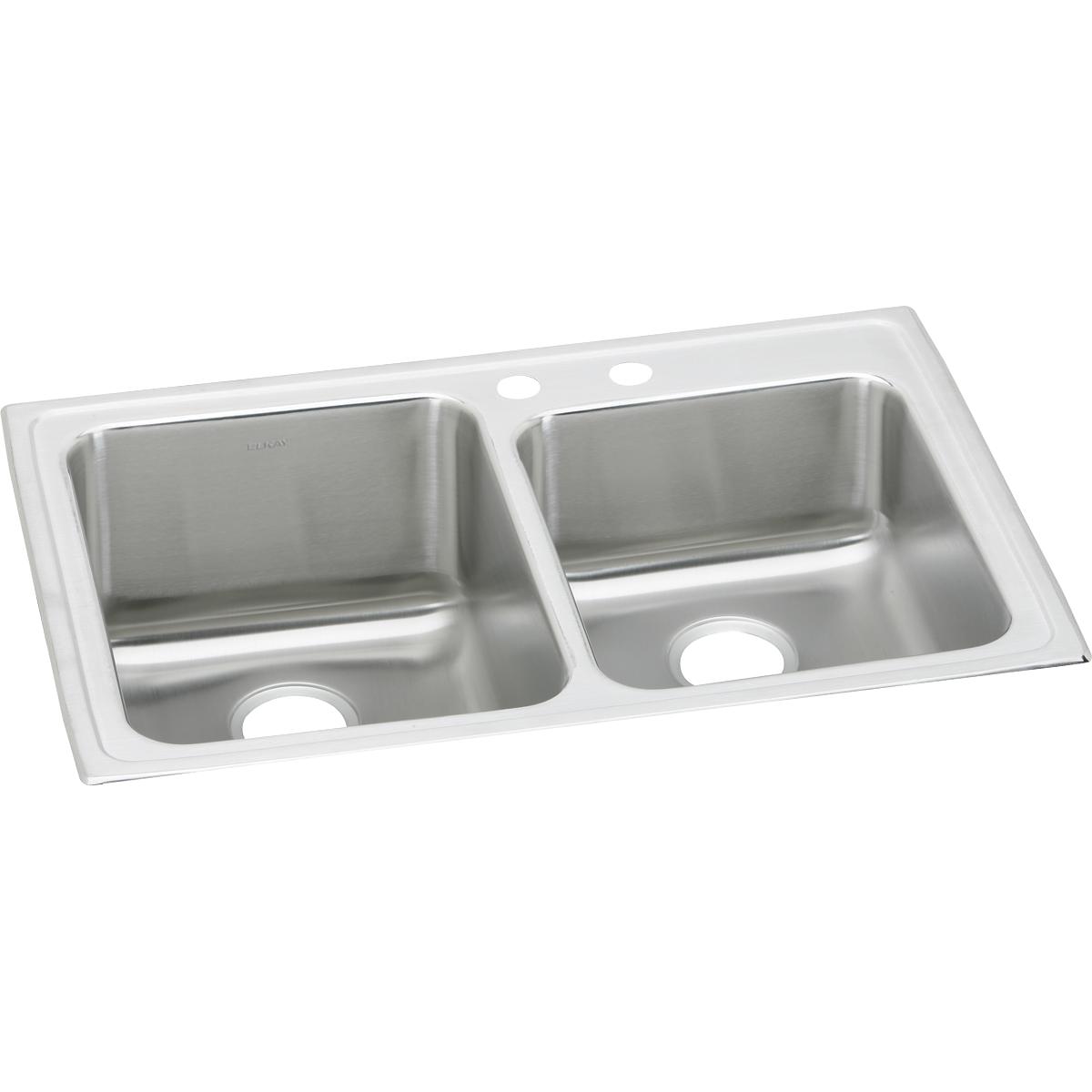 Elkay Lustertone Classic 33" Drop In/Topmount Stainless Steel Kitchen Sink, 60/40 Double Bowl, Lustrous Satin, 2 Faucet Holes, LGR33222