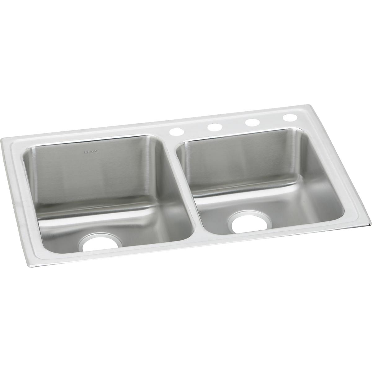 Elkay Lustertone Classic 33" Drop In/Topmount Stainless Steel Kitchen Sink, 60/40 Double Bowl, Lustrous Satin, 4 Faucet Holes, LGR33224