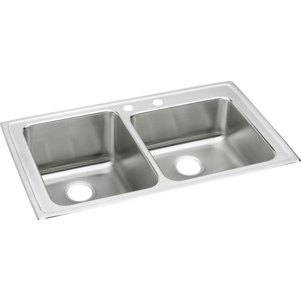 Elkay Lustertone Classic 37" Drop In/Topmount Stainless Steel Kitchen Sink, Double Bowl, Lustrous Satin, 2 Faucet Holes, LGR37222