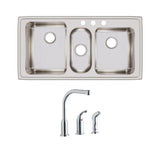 Elkay Lustertone Classic 43" Drop In/Topmount Stainless Steel Kitchen Sink Kit with Faucet, 43/20/37 Triple Bowl, Lustrous Satin, 3 Faucet Holes, LGR4322C