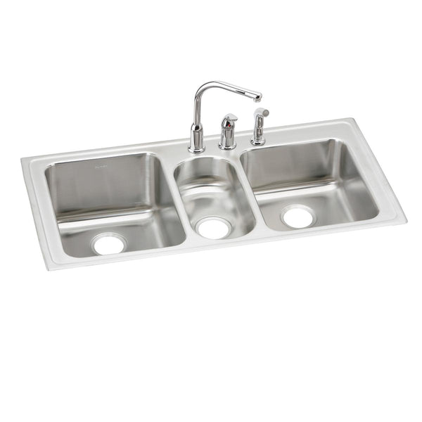 Elkay Lustertone Classic 43" Drop In/Topmount Stainless Steel Kitchen Sink Kit with Faucet, 43/20/37 Triple Bowl, Lustrous Satin, 3 Faucet Holes, LGR4322C