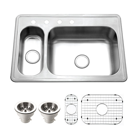 Houzer Legend 33" Stainless Steel Topmount 4-hole 80/20 Small Left Double Bowl Kitchen Sink with Strainer & Grids - 20 Gauge, LHD-3322-C