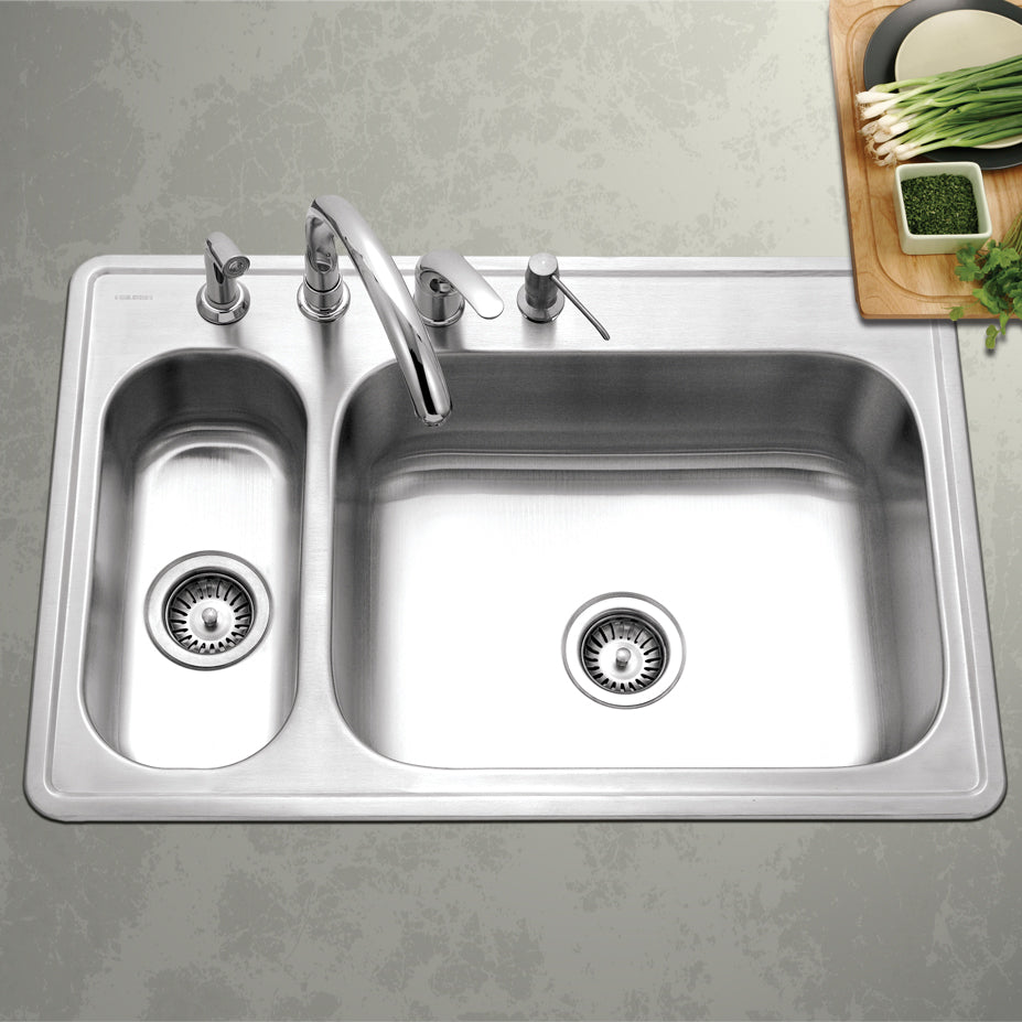 Houzer Legend 33" Stainless Steel Topmount 4-hole 80/20 Small Left Double Bowl Kitchen Sink with Strainer & Grids - 20 Gauge, LHD-3322-C