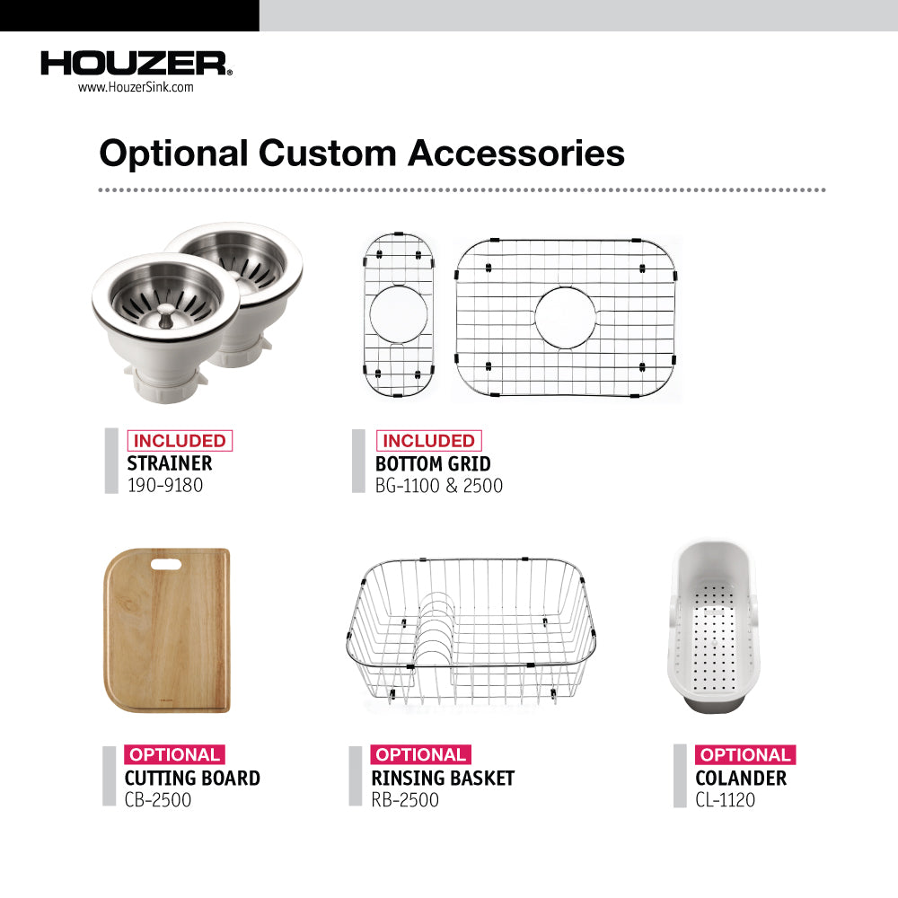 Houzer Legend 33" Stainless Steel Topmount 4-hole 80/20 Small Left Double Bowl Kitchen Sink with Strainer & Grids - 20 Gauge, LHD-3322-C