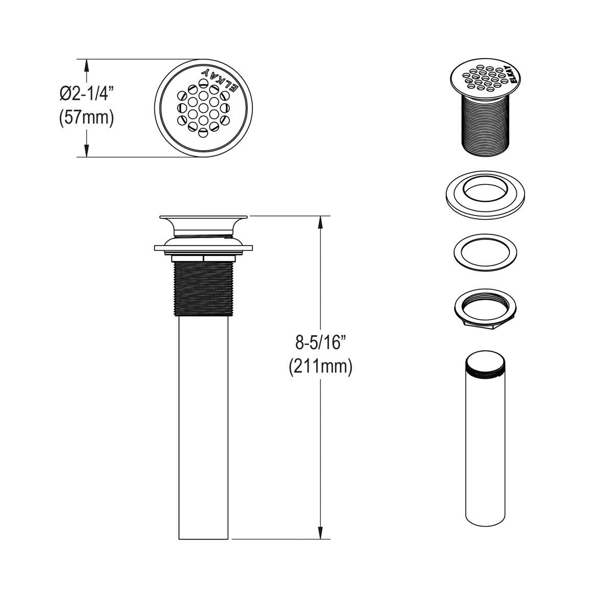 Elkay 1-1/2" Drain Fitting Chrome Plated Brass with Perforated Grid and Tailpiece, LK174LO