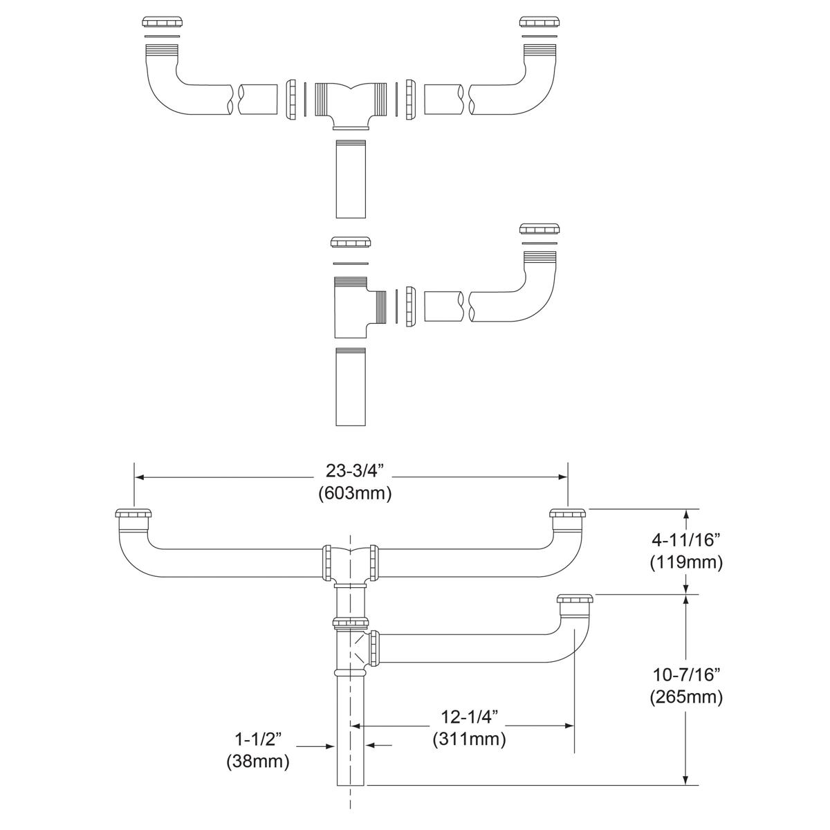 Elkay 3-1/2" Drain Fitting Center Outlet for Triple Bowl Sinks with Offset Center Drain, LK290