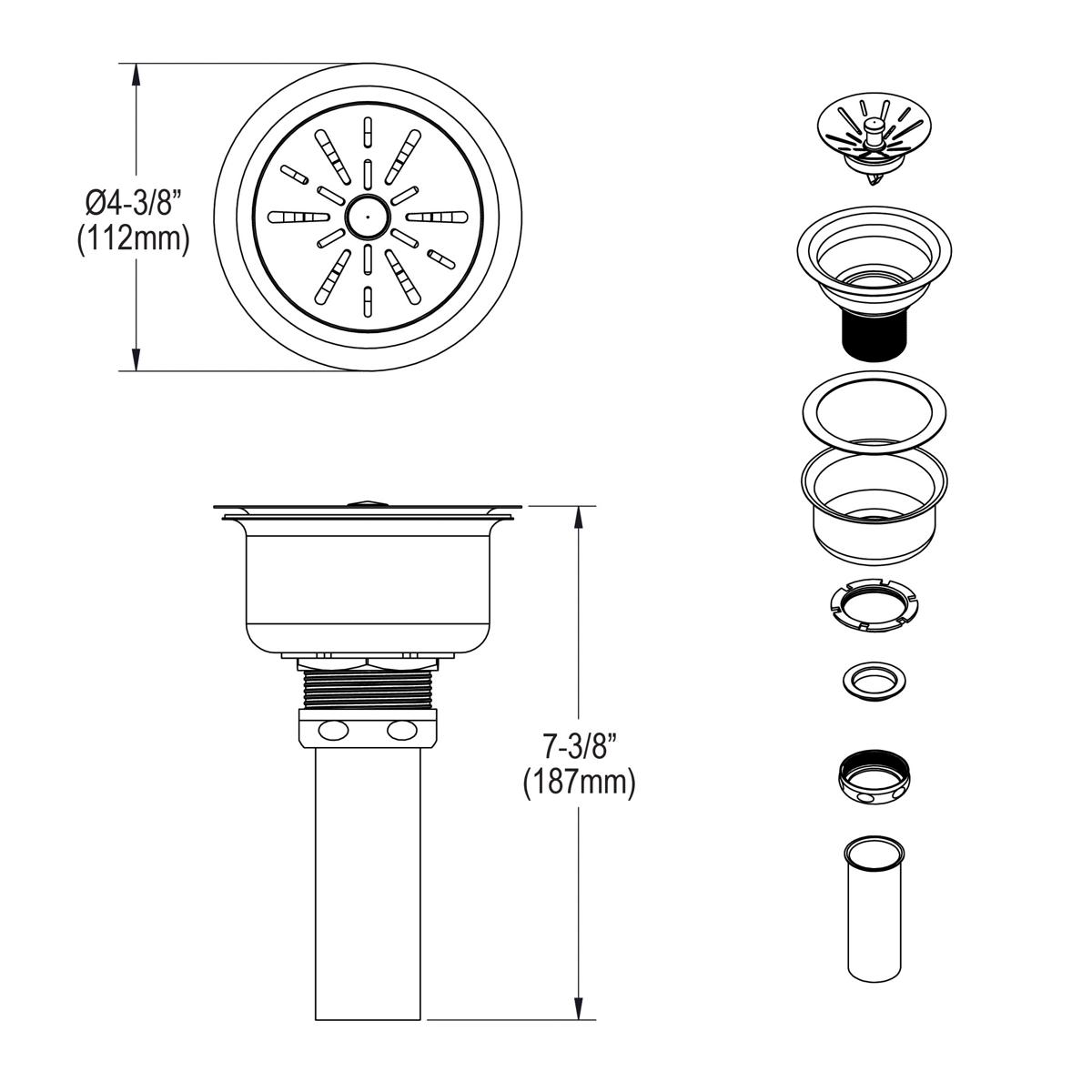 Elkay 3-1/2" Drain Fitting Type 316 Stainless Steel Body Strainer Basket with rubber seal and Tailpiece, LK335