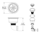 Elkay 3-1/2" Drain Fitting Type 304 Stainless Steel Body Strainer Basket Tailpiece and Elbow, LK35L