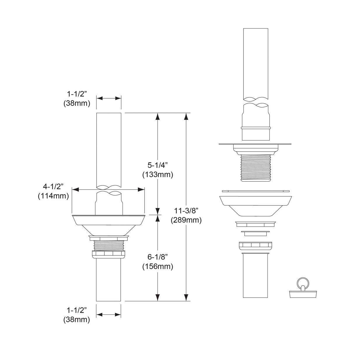 Elkay 3-1/2" Drain with Removable Standpipe 6-5/8" (5-1/4" assembled) with "O" ring rubber stopper, LK373