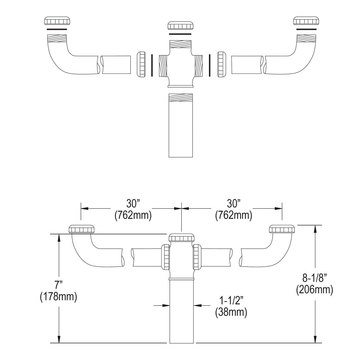 Elkay Drain Fitting Center Outlet for Triple Bowl Sinks with Aligned Drains, LK60
