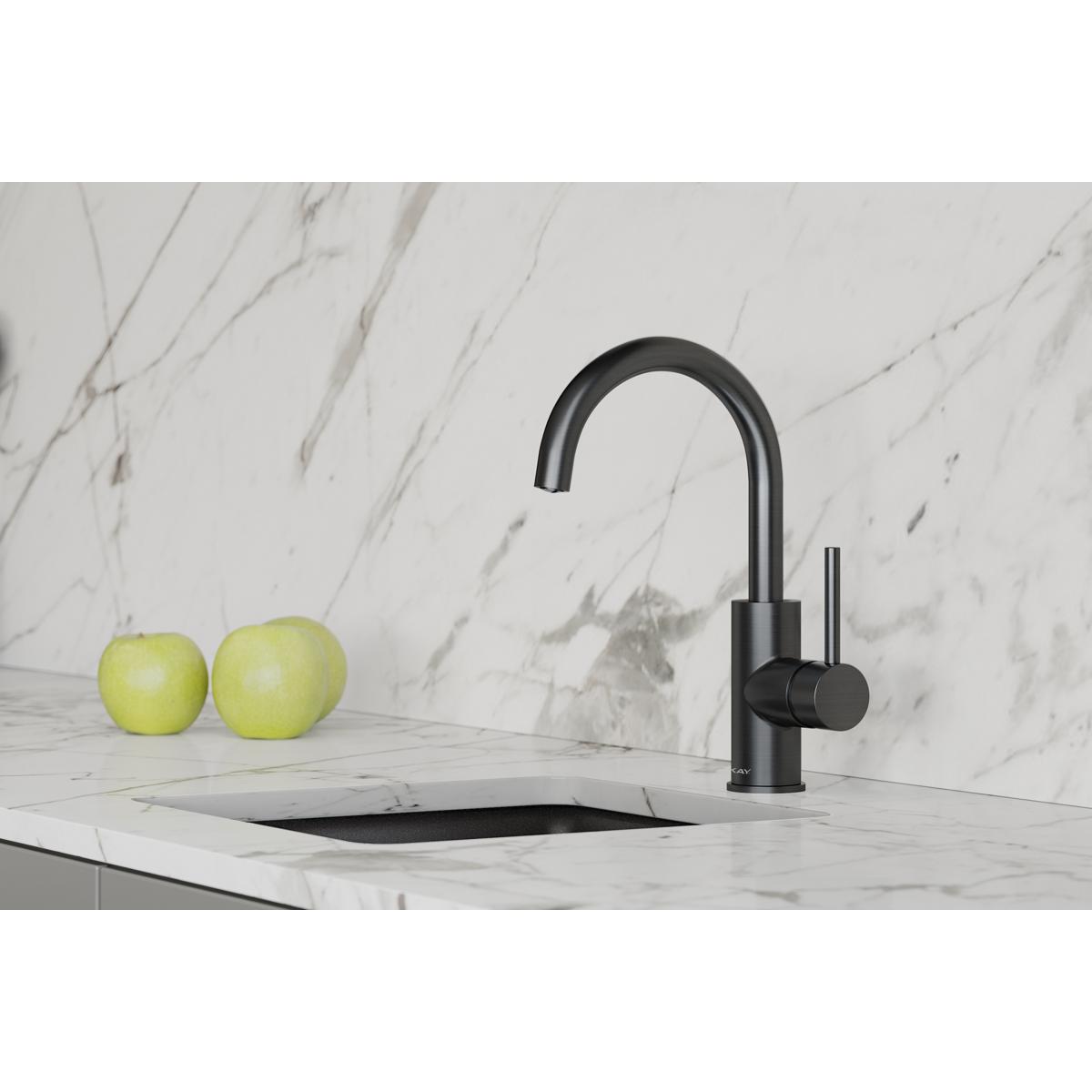Elkay Avado Lever Handle Gooseneck Spout Brass ADA Bar Faucet, Black Stainless, LKAV3021BK