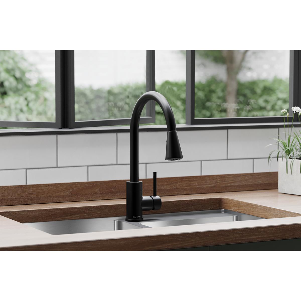Elkay Avado Forward Only Lever Handle Pull-down Spray Spout Brass ADA Kitchen Faucet, Matte Black, LKAV3031MB