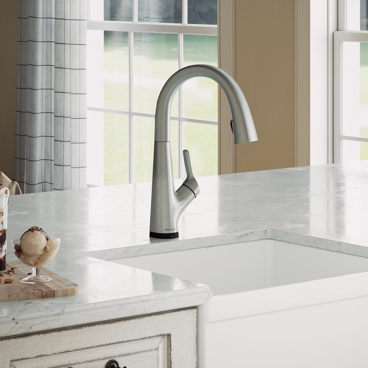 Elkay Avado Lever Handle Pull-down Spray Spout Brass ADA Kitchen Faucet, Lustrous Steel, LKAV7051FLS