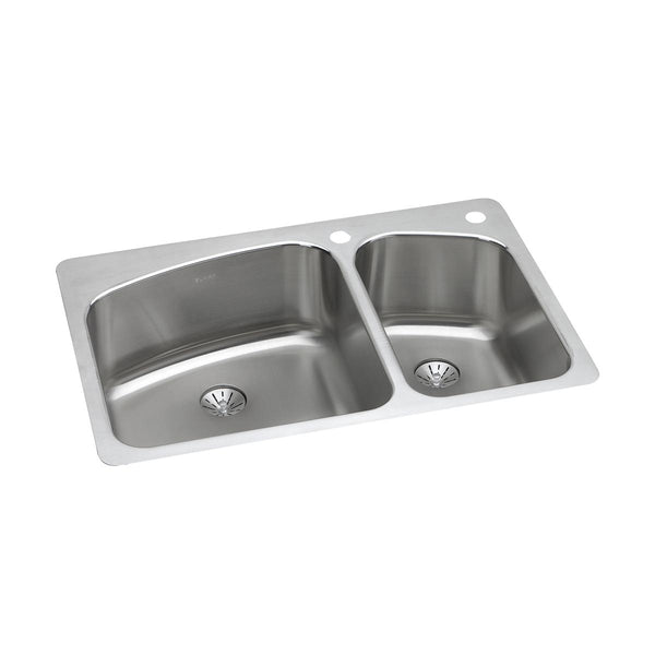 Elkay Lustertone Classic 33" Dual Mount Stainless Steel Kitchen Sink, 60/40 Double Bowl, Lustrous Satin, 2R Faucet Holes, Perfect Drain, LKHSR2509RPD2R