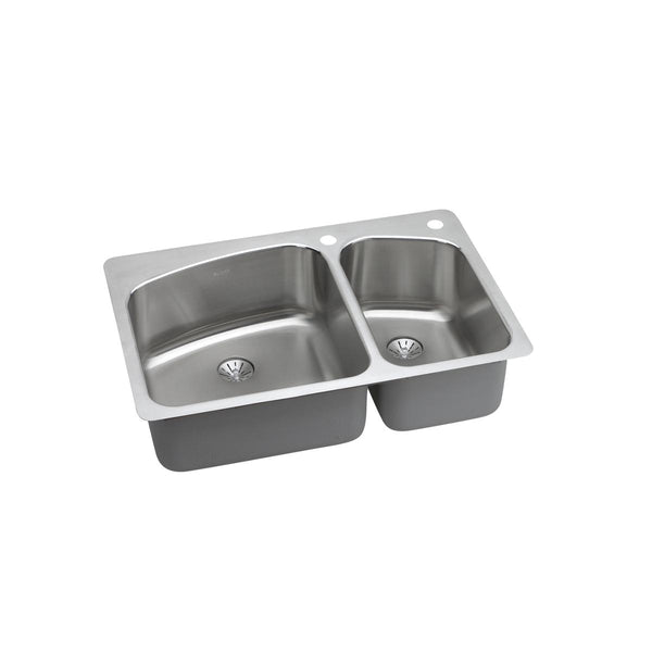 Elkay Lustertone Classic 33" Dual Mount Stainless Steel Kitchen Sink, 60/40 Double Bowl, Lustrous Satin, 3 Faucet Holes, Perfect Drain, LKHSR2509RPD3