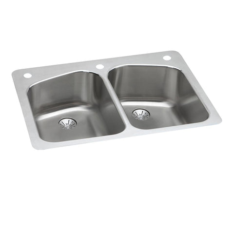 Elkay Lustertone Classic 33" Dual Mount Stainless Steel Kitchen Sink, 50/50 Double Bowl, Lustrous Satin, 3 Faucet Holes, Perfect Drain, LKHSR33229PD3
