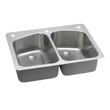 Elkay Lustertone Classic 33" Dual Mount Stainless Steel Kitchen Sink, 50/50 Double Bowl, Lustrous Satin, 2L Faucet Holes, Perfect Drain, LKHSR33229PD2L