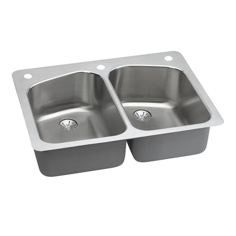 Elkay Lustertone Classic 33" Dual Mount Stainless Steel Kitchen Sink, 50/50 Double Bowl, Lustrous Satin, 2L Faucet Holes, Perfect Drain, LKHSR33229PD2L