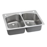 Elkay Lustertone Classic 33" Dual Mount Stainless Steel Kitchen Sink, 50/50 Double Bowl, Lustrous Satin, 2R Faucet Holes, Perfect Drain, LKHSR33229PD2R