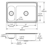 Elkay Lustertone Classic 33" Drop In/Topmount Stainless Steel Kitchen Sink, 30/70 Double Bowl, Lustrous Satin, MR2 Faucet Holes, LMR3322MR2