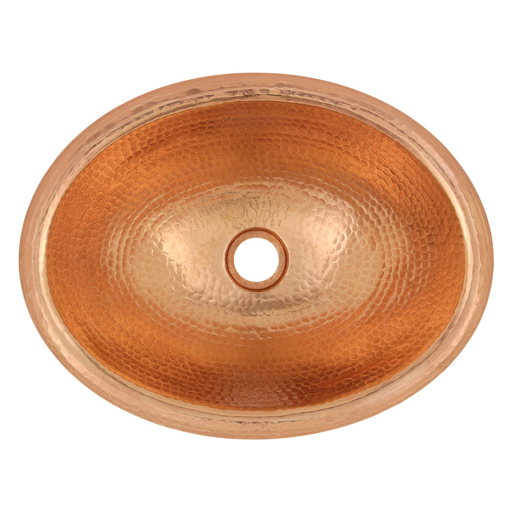 Premier Copper Products 17" Oval Self Rimming Hammered Copper Bathroom Sink in Polished Copper, Matching Drain and Accessories, BSP5_LO17RPC-P