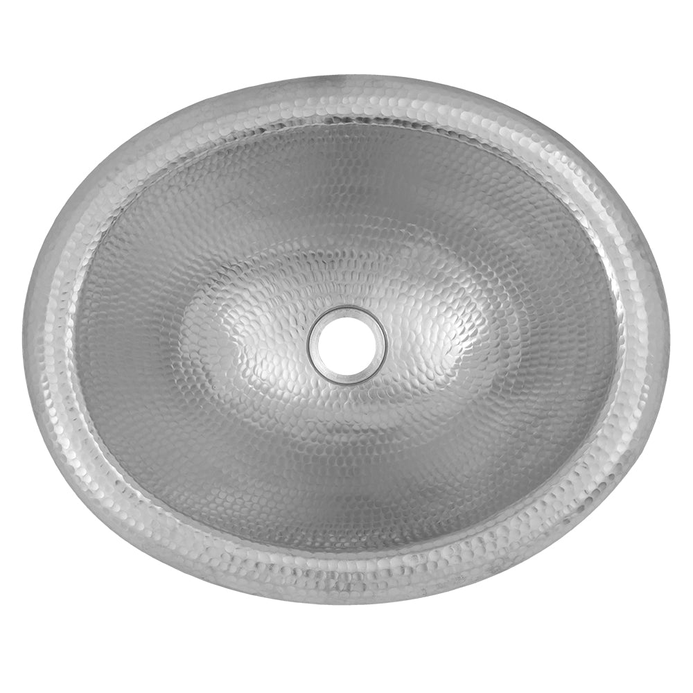 Premier Copper Products 18" Wide Rim Oval Self Rimming Hammered Copper Bathroom Sink in Nickel, Matching Drain and Accessories, Nickel Plated Copper, BSP5_LO18REN-P