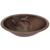 Premier Copper Products 19" Oval Under Counter Hammered Copper Bathroom Sink with Koi Fish Design, Matching Drain and Accessories, Oil Rubbed Bronze, BSP5_LO19FKOIDB-P