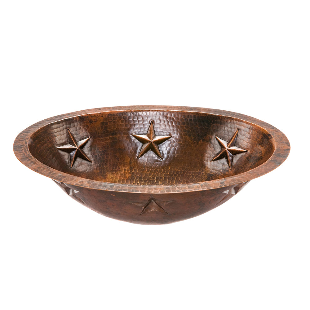 Premier Copper Products 19" Oval Star Under Counter Hammered Copper Bathroom Sink, Matching Drain and Accessories, Oil Rubbed Bronze, BSP5_LO19FSTDB-P