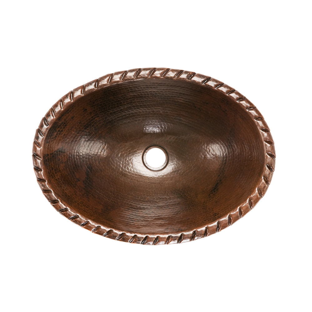 Premier Copper Products 19" Oval Roped Rim Self Rimming Hammered Copper Bathroom Sink, Matching Drain and Accessories, Oil Rubbed Bronze, BSP5_LO19RRDB-P