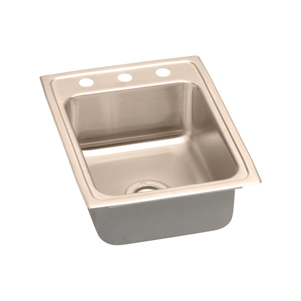 Elkay 17" Drop In/Topmount CuVerro Antimicrobial Copper Kitchen Sink, Lustrous Satin, 1 Faucet Hole, LR17221-CU