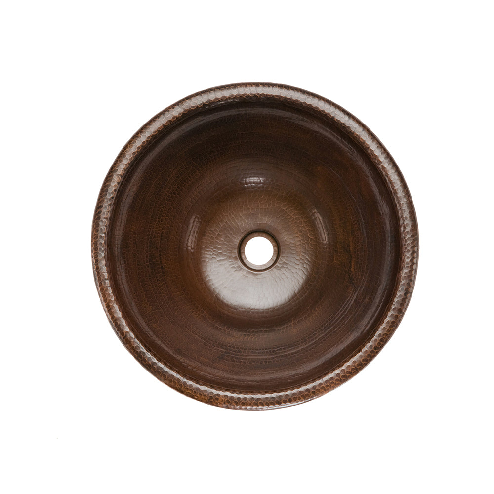 Premier Copper Products 17" Round Self Rimming Hammered Copper Bathroom Sink, Matching Drain and Accessories, Oil Rubbed Bronze, BSP5_LR17RDB-P