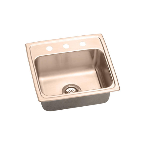 Elkay 20" Drop In/Topmount CuVerro Antimicrobial Copper Kitchen Sink, Lustrous Satin, 3 Faucet Holes, DLR1919103-CU