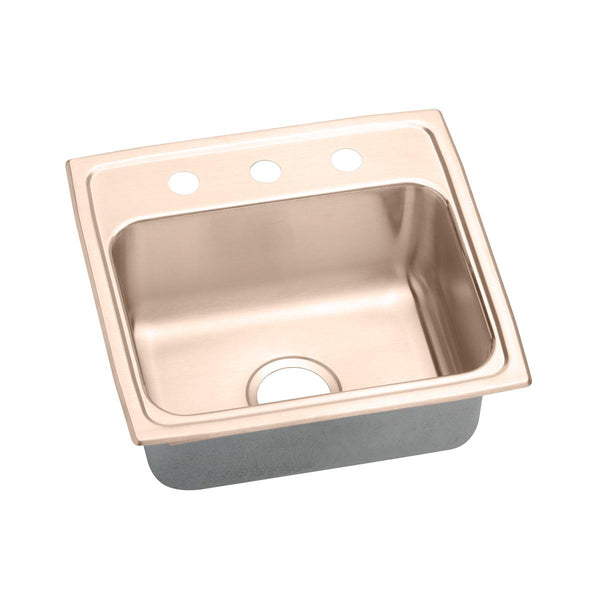 Elkay 20" Drop In/Topmount CuVerro Antimicrobial Copper Kitchen Sink, Lustrous Satin, 3 Faucet Holes, LR19193-CU