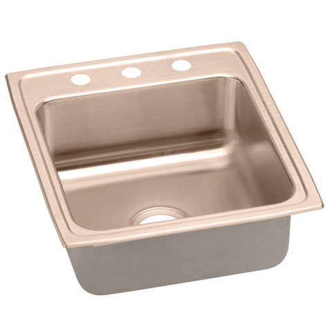 Elkay 20" Drop In/Topmount CuVerro Antimicrobial Copper Kitchen Sink, Lustrous Satin, 3 Faucet Holes, DLR2022103-CU